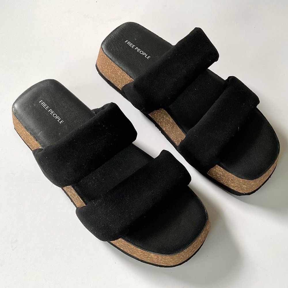 Free People Black Dual-Strap Cork Platform Slides - Picture 3 of 7